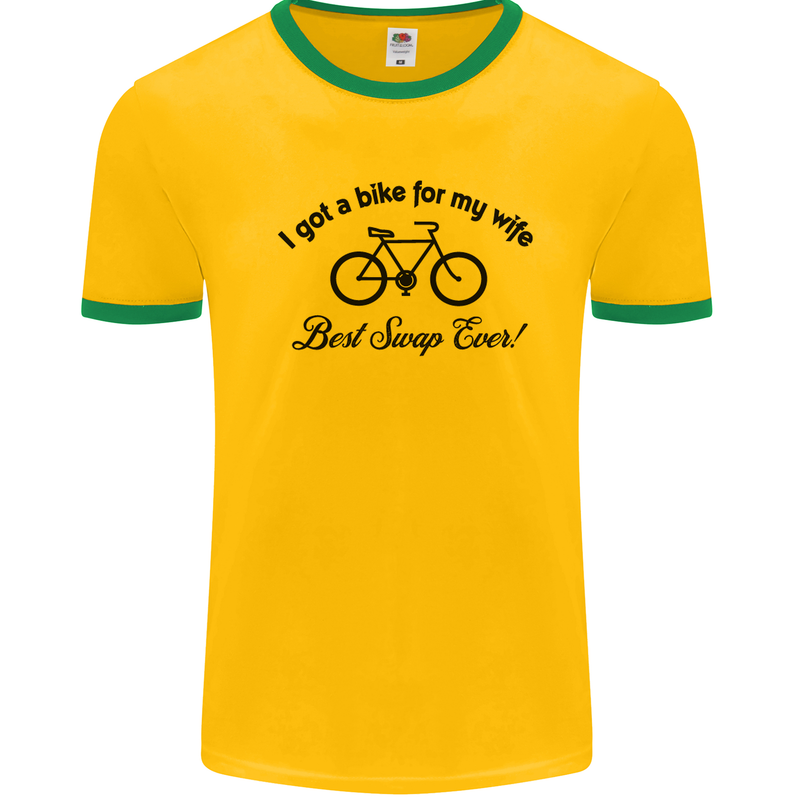 Cycling A Bike for My Wife Cyclist Funny Mens White Ringer T-Shirt Gold/Green