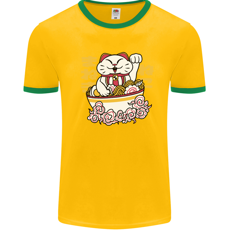 Ramen Lucky Cat Mens White Ringer T-Shirt Gold/Green