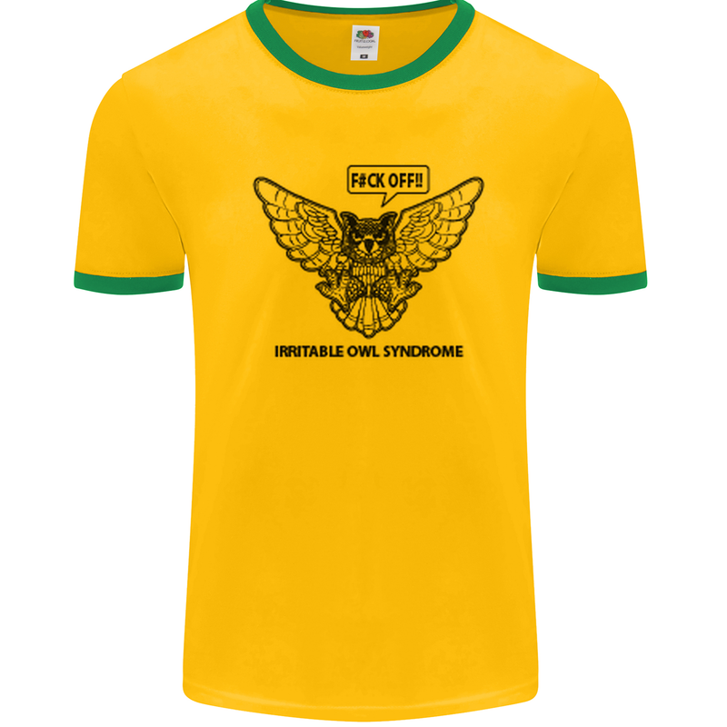 Irritable Owl Syndrome Bowel IBS Funny Mens White Ringer T-Shirt Gold/Green