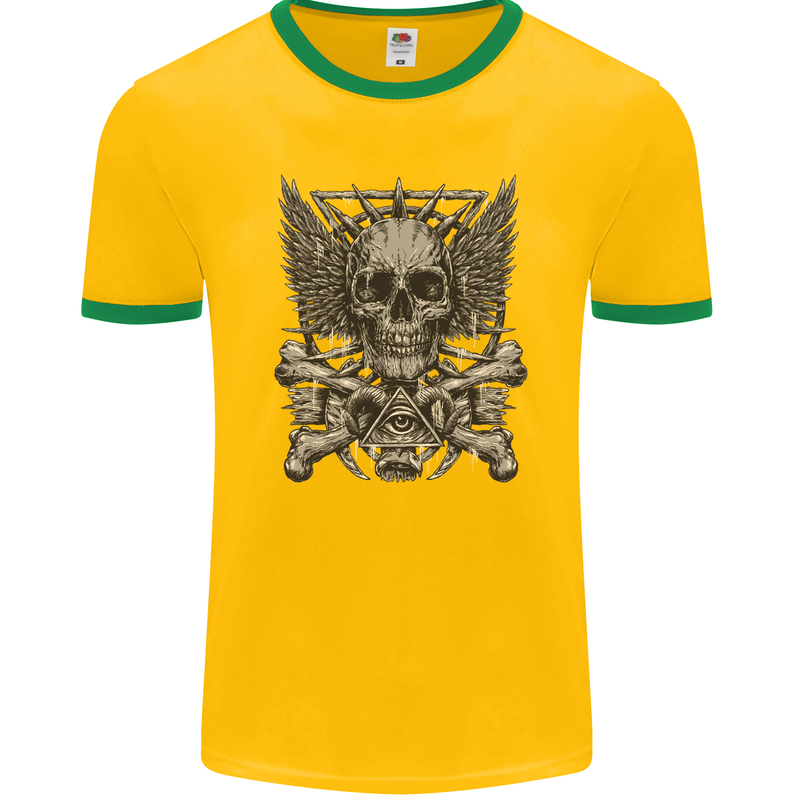 Heavy Metal Skull Rock Music Guitar Biker Mens Ringer T-Shirt FotL Gold/Green