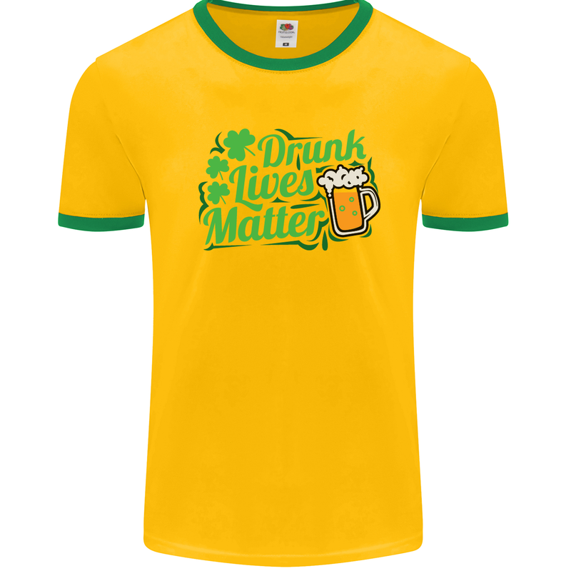 Drunk Lives Matter St. Patrick's Day Mens White Ringer T-Shirt Gold/Green