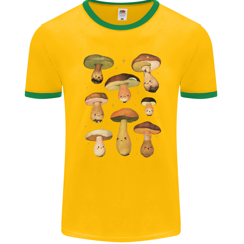 Mushroom Faces Foraging Mycology Mens Ringer T-Shirt FotL Gold/Green