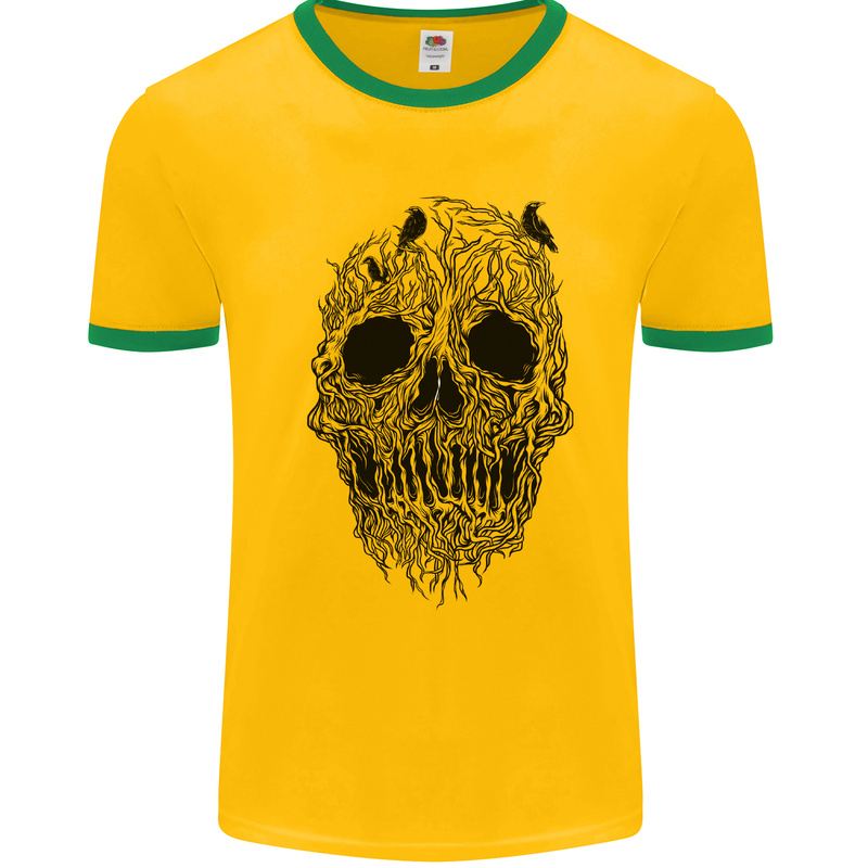 Tree Skull Mens White Ringer T-Shirt Gold/Green