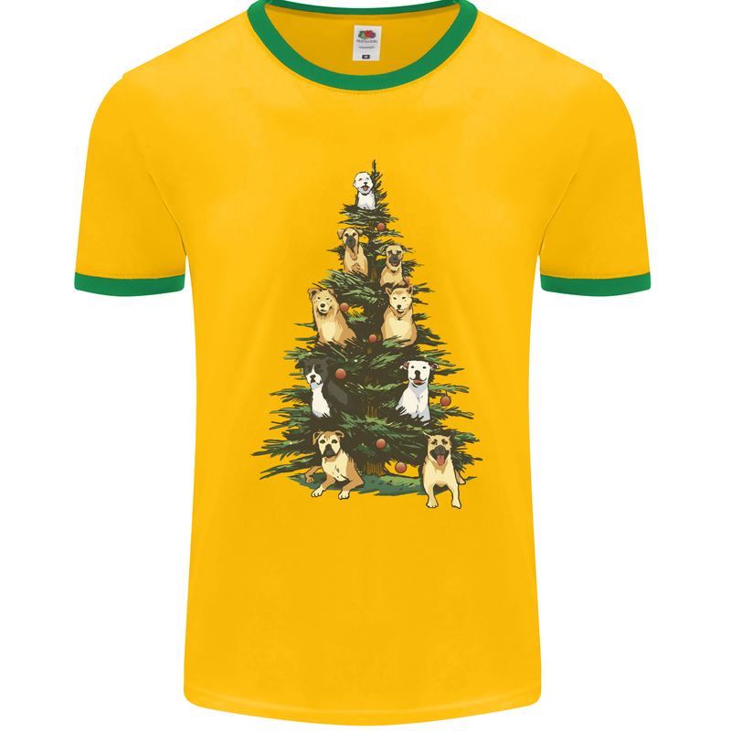 Funny Dog Christmas Tree Mens Ringer T-Shirt FotL Gold/Green