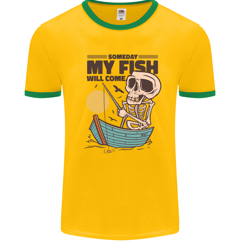 Fishing My Fish Will Come Funny Fisherman Mens White Ringer T-Shirt Gold/Green