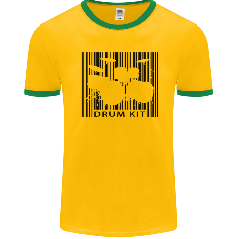 Drum Kit Barcode Drummer Drumming Mens Ringer T-Shirt FotL Gold/Green