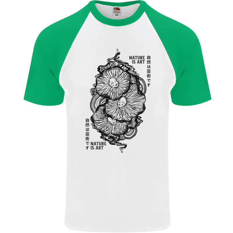 Nature is Art Mushroom Fungi Mycology Mens S/S Baseball T-Shirt White/Green