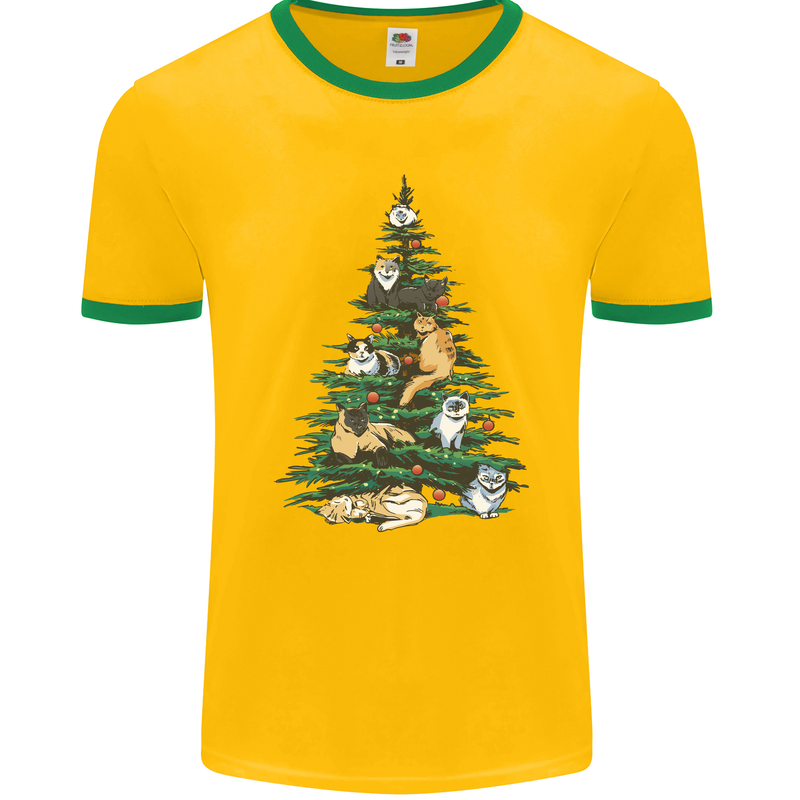 Cat Christmas Tree Mens Ringer T-Shirt FotL Gold/Green