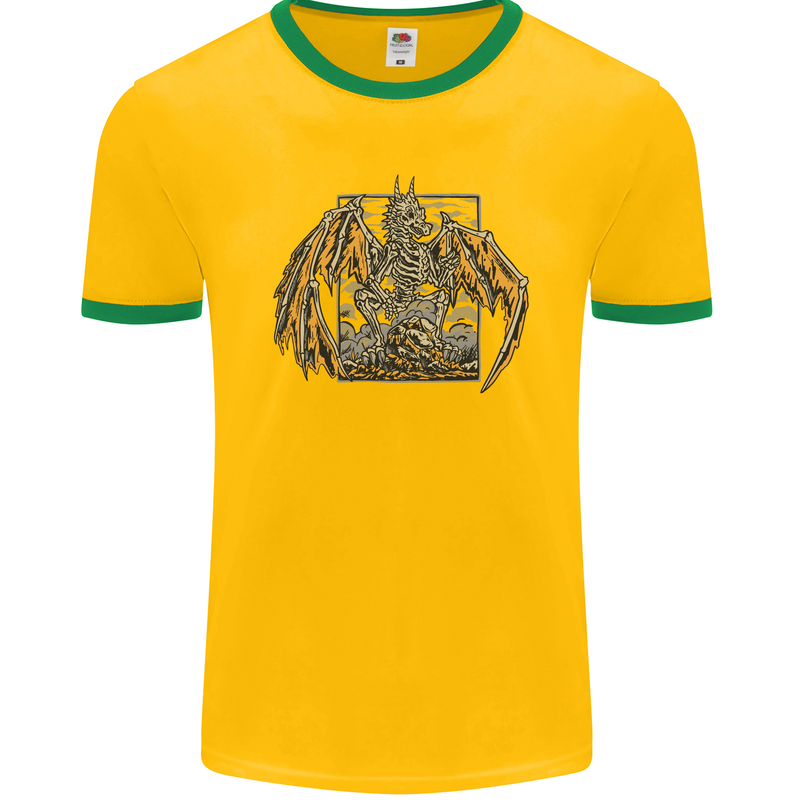 Devil Dragon Skeleton Fantasy Skull Demon Mens Ringer T-Shirt FotL Gold/Green