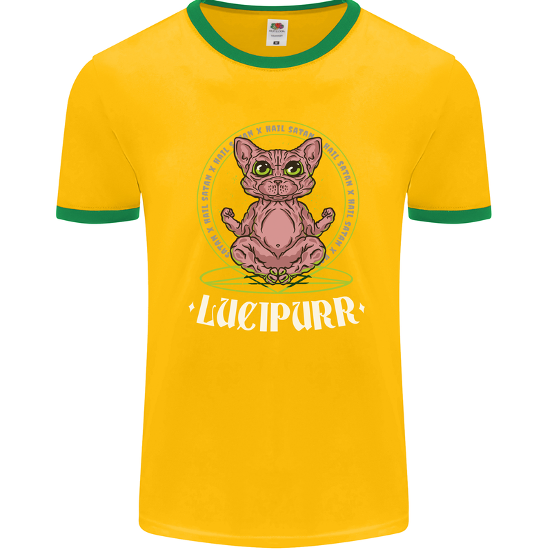 Lucipurr Demonic Hail Satan Cat Evil Mens Ringer T-Shirt FotL Gold/Green