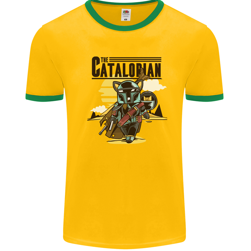 Catalorian Funny Cat Parody Mens White Ringer T-Shirt Gold/Green