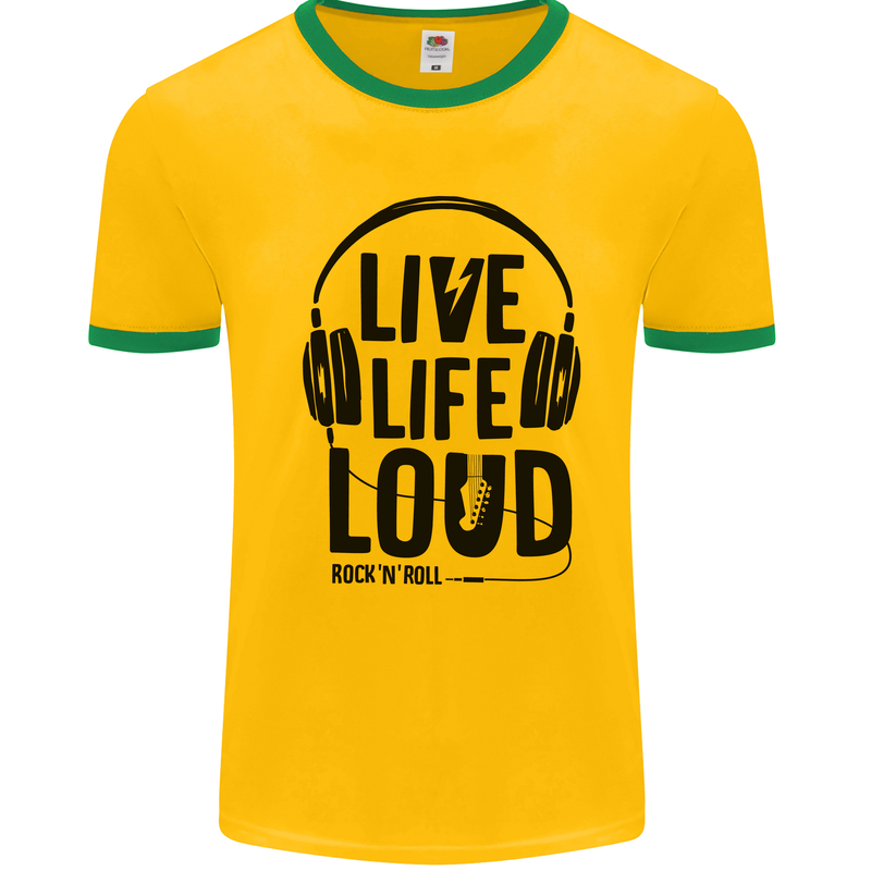 Live Life Loud Rock n Roll Guitar Music Mens Ringer T-Shirt Gold/Green