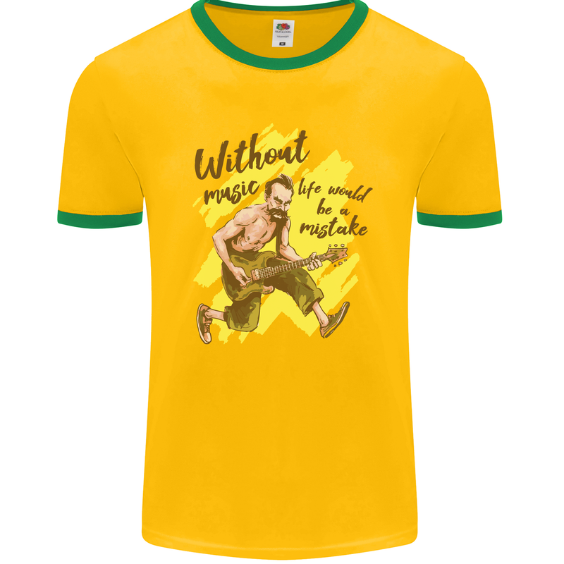 Without Music Life Would Be a Mistake Guitar Mens Ringer T-Shirt FotL Gold/Green