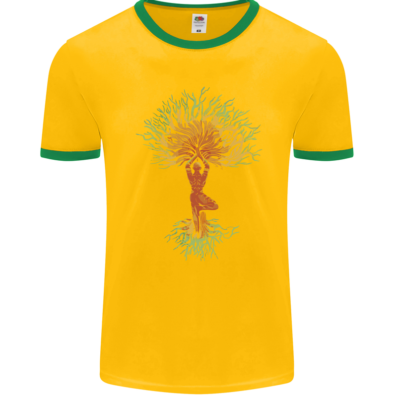 Yoga Tree Man Meditation Mens Ringer T-Shirt FotL Gold/Green