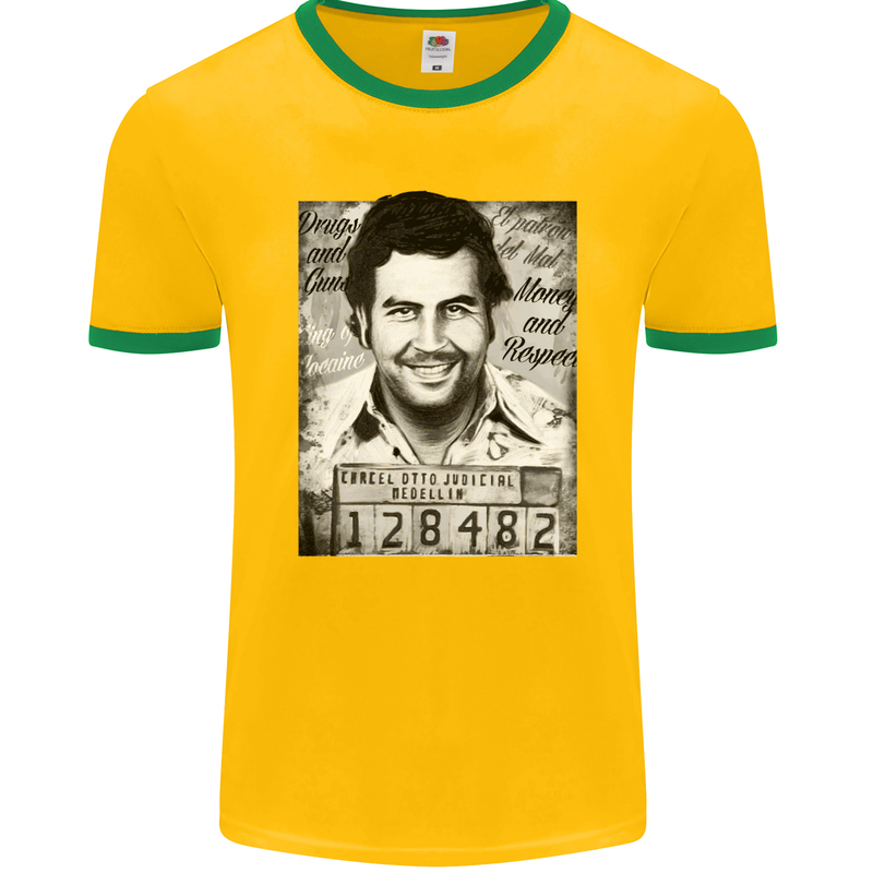 Pablo Escobar Mug Shot Mens Ringer T-Shirt FotL Gold/Green