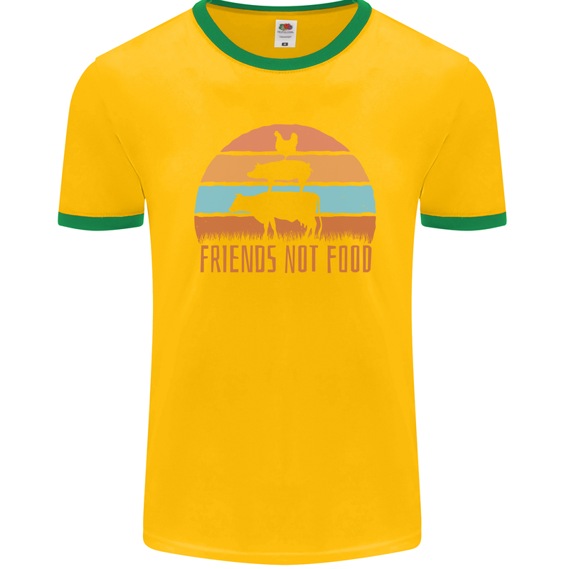 Vegetarian Animals Friends Not Food Vegan 2 Mens Ringer T-Shirt FotL Gold/Green