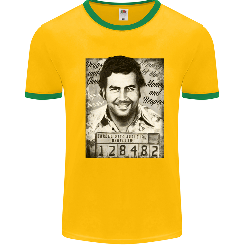 Pablo Escobar Mug Shot Mens White Ringer T-Shirt Gold/Green