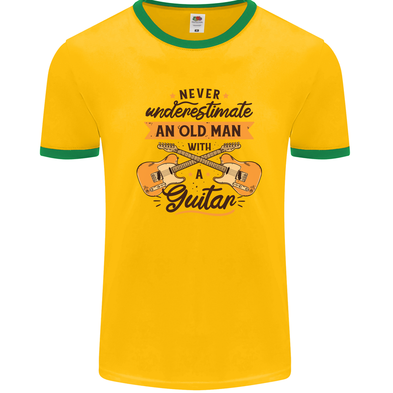 Never Underestimate an Old Man Guitar Mens White Ringer T-Shirt Gold/Green