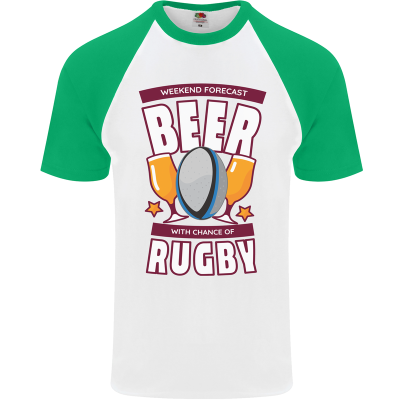 Weekend Forecast Beer Alcohol Rugby Funny Mens S/S Baseball T-Shirt White/Green