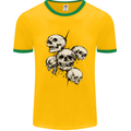 5 Skulls Demons Biker Gothic Heavy Metal Mens White Ringer T-Shirt Gold/Green