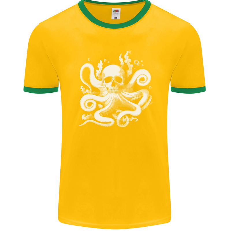 A Cthulhu Kraken Octopus Mythology Mens Ringer T-Shirt FotL Gold/Green
