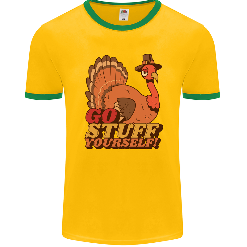 Stuff Yourself Funny Vegetarian Vegan Turkey Mens Ringer T-Shirt FotL Gold/Green