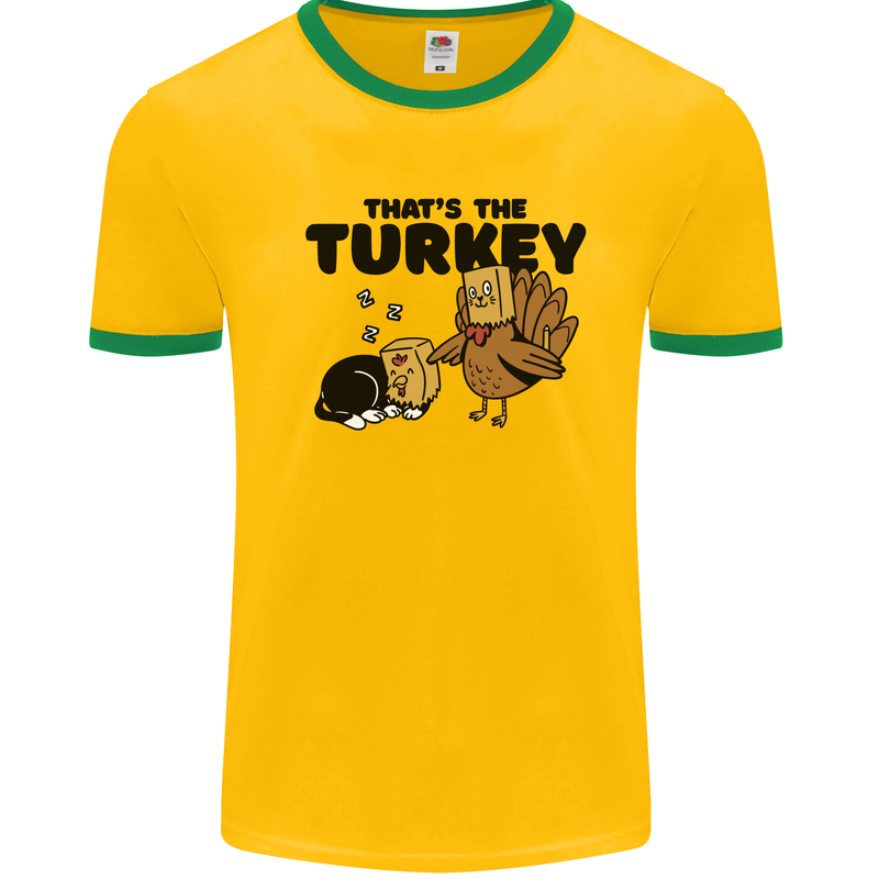 Thanks Giving Christmas Turkey Cat Mens Ringer T-Shirt Gold/Green