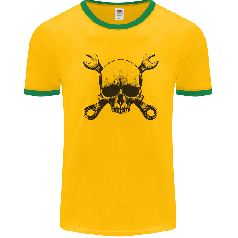 Spanner Skull Mechanic Car Biker Motorcycle Mens White Ringer T-Shirt Gold/Green