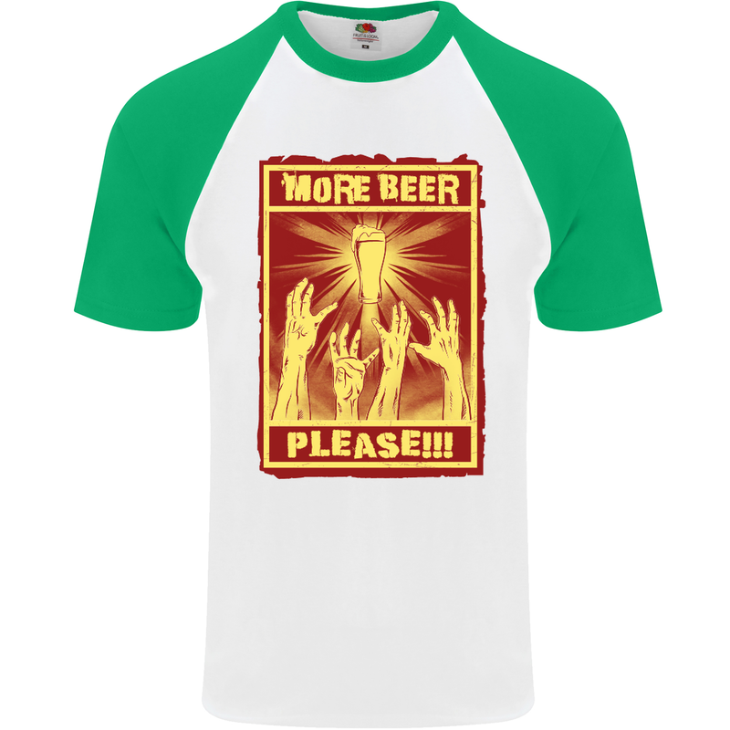 Zombies More Beer Please Funny Alcohol Mens S/S Baseball T-Shirt White/Green