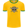 Engine Skull Mechanic Car Biker Motorbike Mens White Ringer T-Shirt Gold/Green