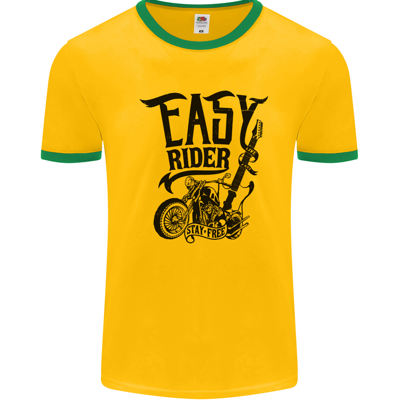 Easy Rider Motorcycle Motorbike Biker Mens White Ringer T-Shirt Gold/Green