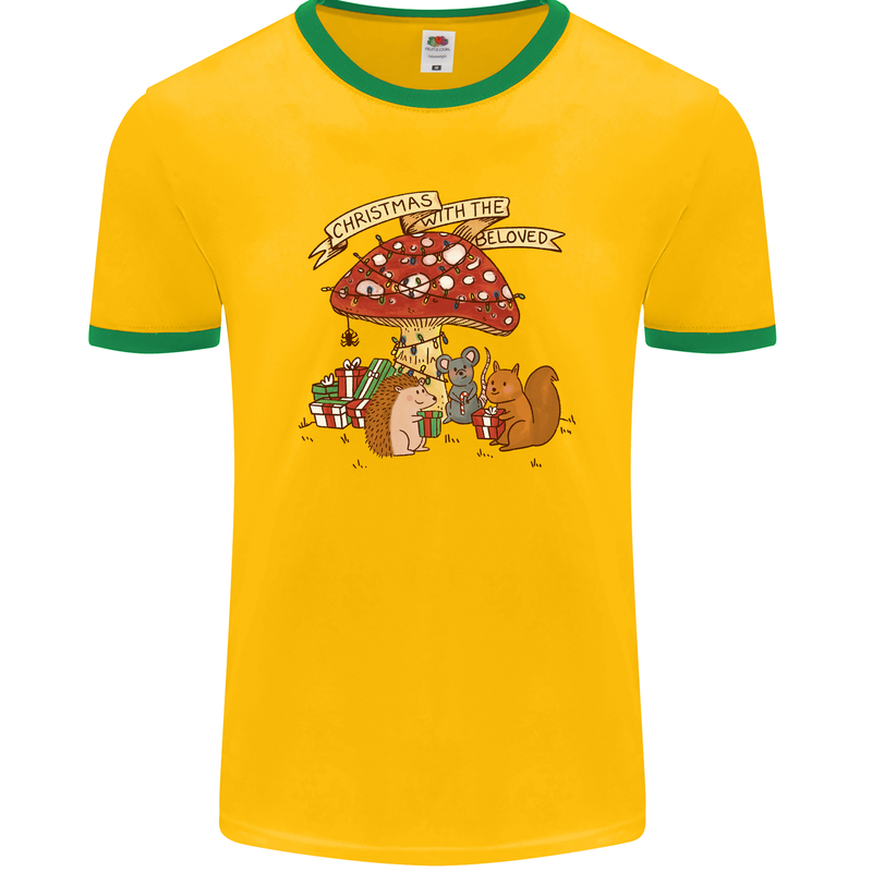 Christmas Hedgehog Toadstool Mouse Mens Ringer T-Shirt FotL Gold/Green