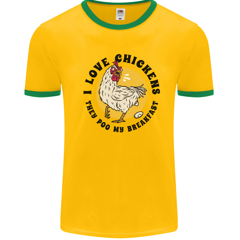 Chickens Poo My Breakfast Funny Food Eggs Mens White Ringer T-Shirt Gold/Green