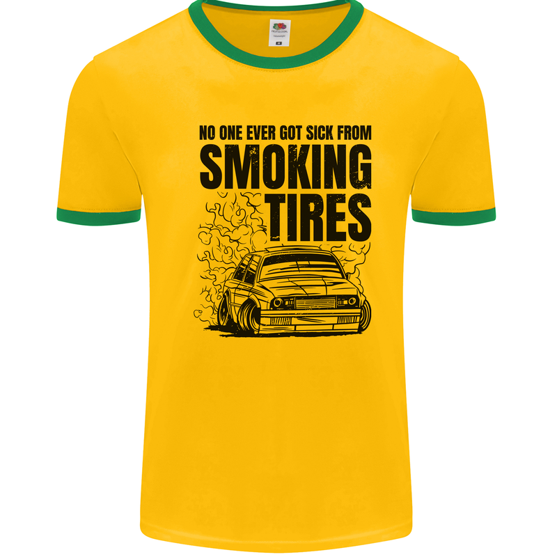 Car Drifting Burning Tires Mens Ringer T-Shirt Gold/Green