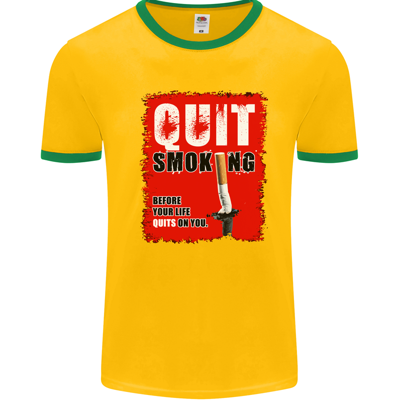 Quit Smoking Before Your Life Quits on You Mens White Ringer T-Shirt Gold/Green