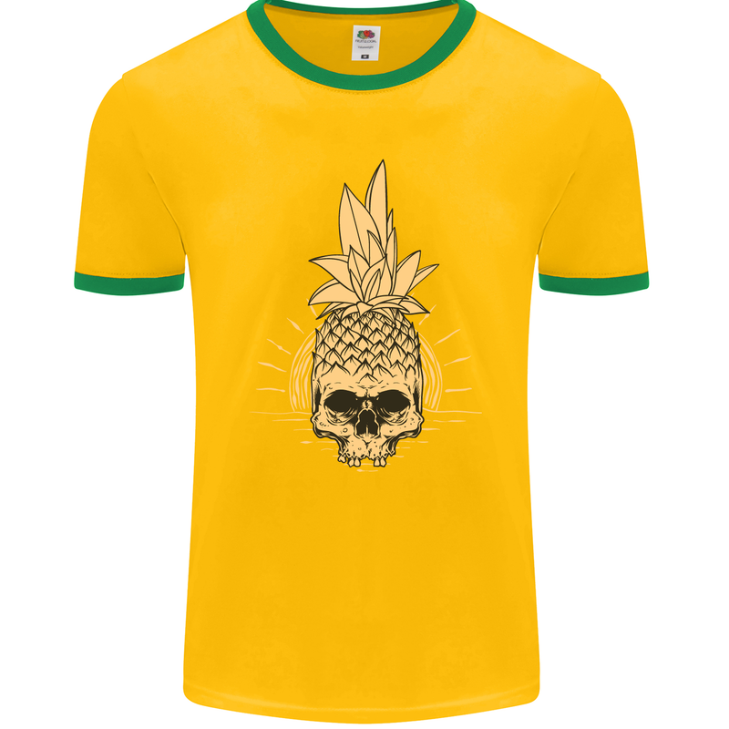 Pineapple Skull Gothic Biker Surfing Mens Ringer T-Shirt FotL Gold/Green