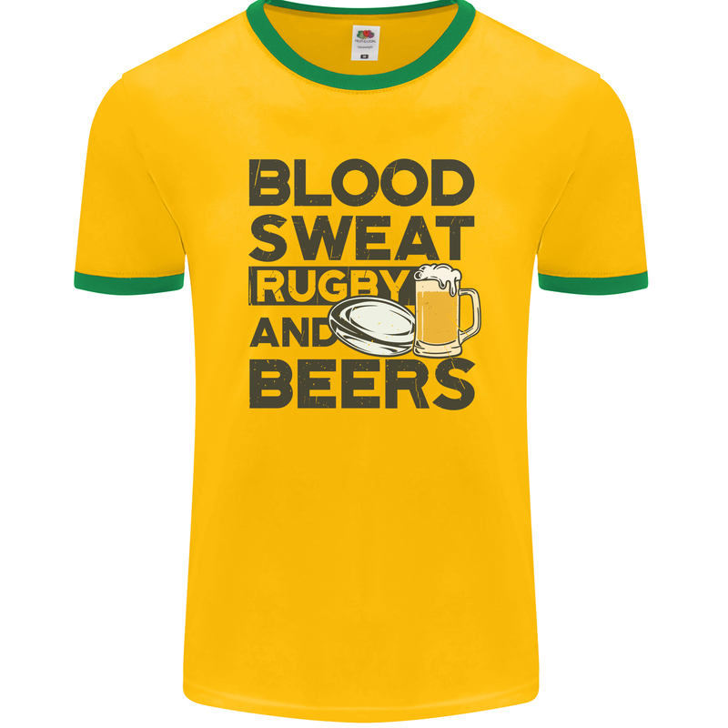 Blood Sweat Rugby and Beers Funny Mens Ringer T-Shirt FotL Gold/Green