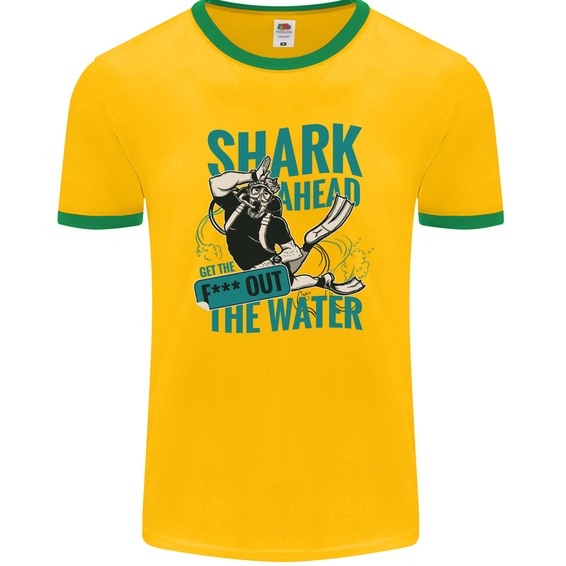 Shark Ahead Funny Diver Scuba Diving Mens Ringer T-Shirt FotL Gold/Green