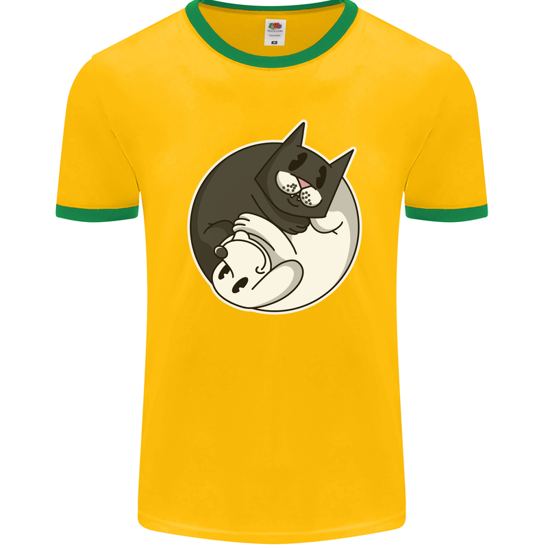 Cat and Dog Yin Yang Mens Ringer T-Shirt FotL Gold/Green