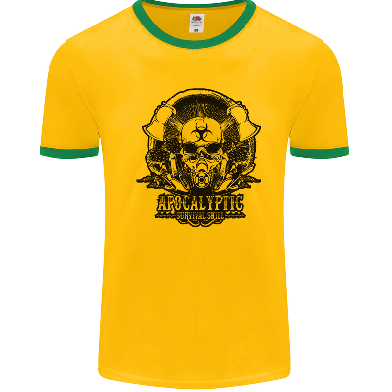 Apocalyptic Survival Skull Gamer Gaming Mens White Ringer T-Shirt Gold/Green