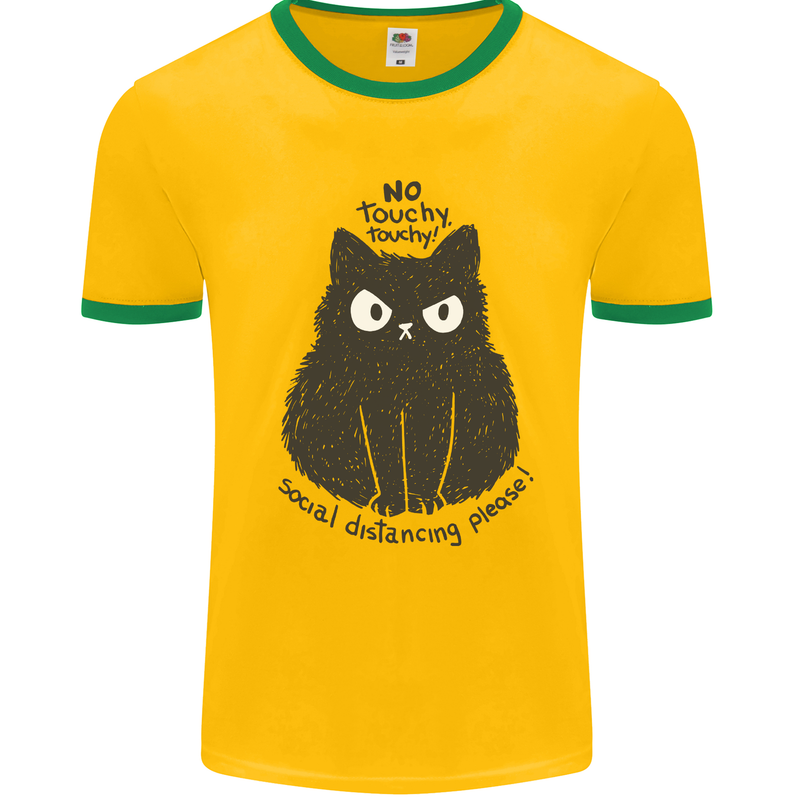 No Touchy Touchy Cat Mens White Ringer T-Shirt Gold/Green