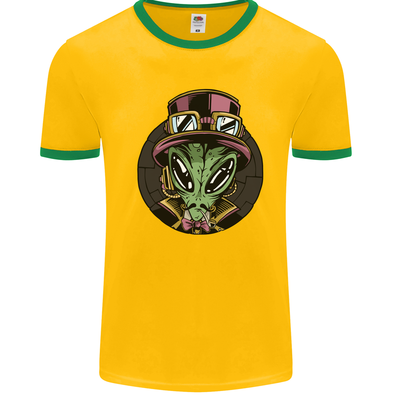 Steampunk Alien Mens White Ringer T-Shirt Gold/Green
