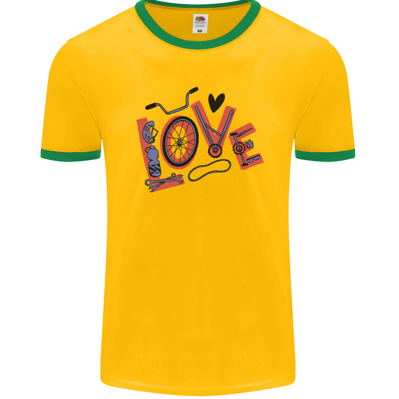 Love Cycling Funny Bicycle Bike Mens Ringer T-Shirt FotL Gold/Green