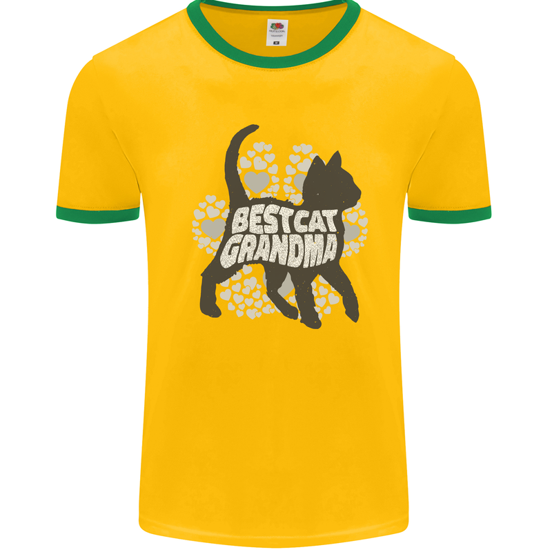 Best Cat Grandma Mens White Ringer T-Shirt Gold/Green