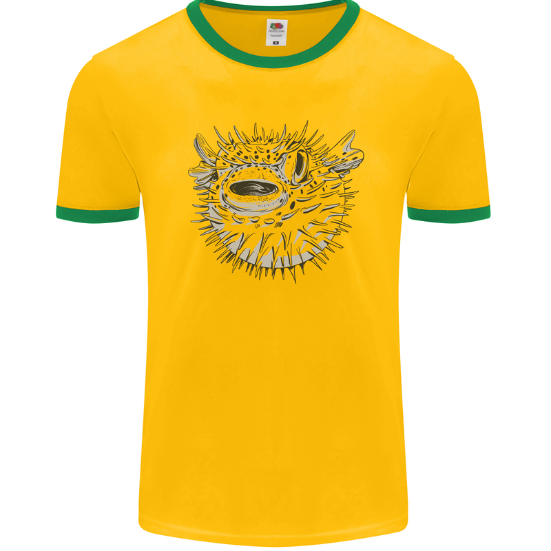 A Pufferfish Puffer Illustration Mens Ringer T-Shirt FotL Gold/Green