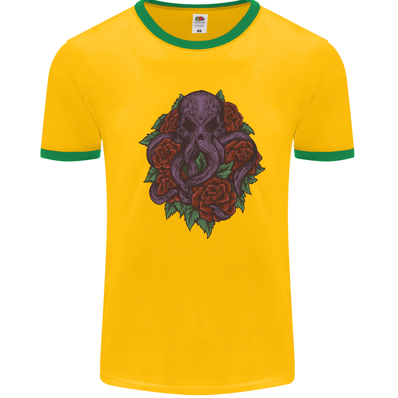 Octopus Skull Cthulhu Kraken With Roses Mens White Ringer T-Shirt Gold/Green