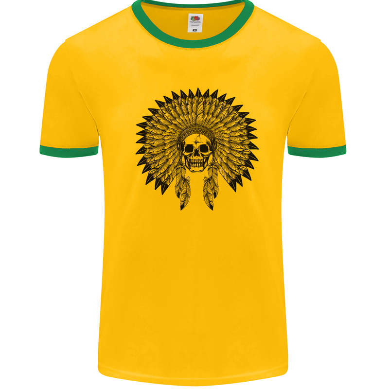 Indian Skull Headdress Biker Motorcycle Mens White Ringer T-Shirt Gold/Green