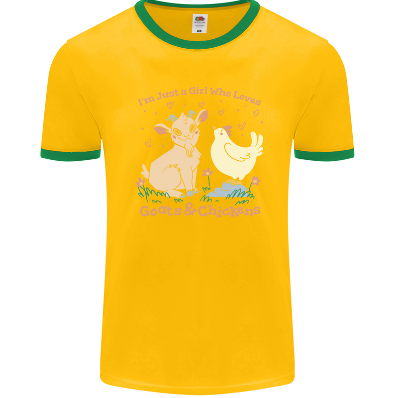 A Girl Who Loves Goats Chickens Farmer Mens Ringer T-Shirt FotL Gold/Green