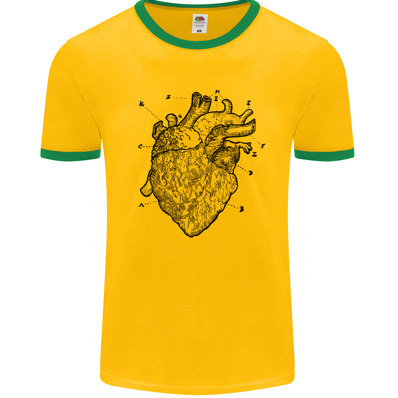 Heart Diagram Mens White Ringer T-Shirt Gold/Green