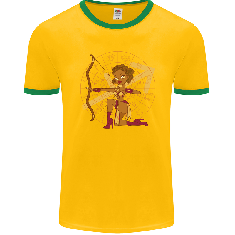 A Sagittarius Female Archer Star Sign Zodiac Mens Ringer T-Shirt FotL Gold/Green